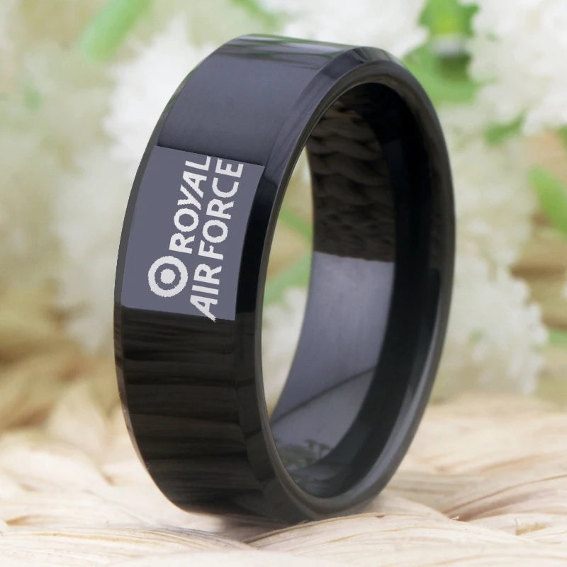8mm, Black, Tungsten Carbide, Royal Air Force (RAF) Theme Ring - Unisex, Men's, Women's