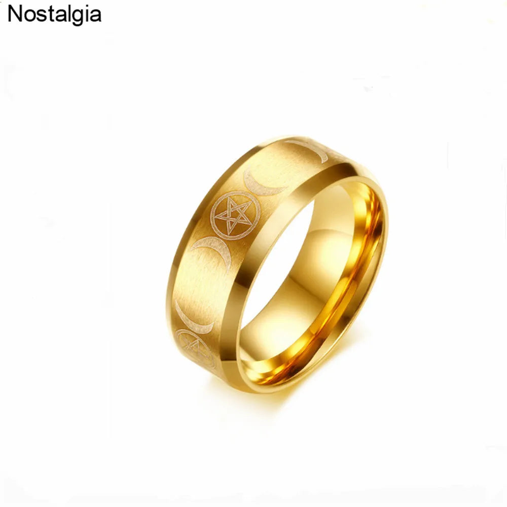 VNOX Gothic/Classic Style, Stainless Steel, Pentagram & Moon, Triple Goddess Theme Ring - Unisex