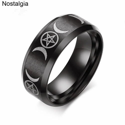 VNOX Gothic/Classic Style, Stainless Steel, Pentagram & Moon, Triple Goddess Theme Ring - Unisex
