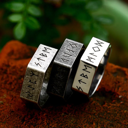 Classic, Stainless Steel, Hexagon, Nordic/Norse/Viking Runes Theme Ring