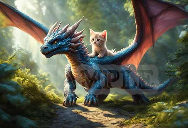 HD Digital Art, A Cat/Kitten Riding A Small Dragon - Fantasy, Mythical, 2432x1664