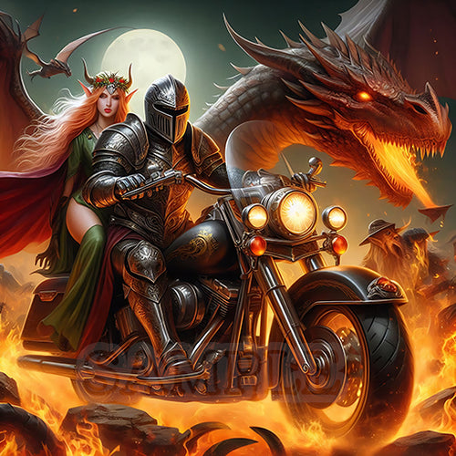 HD Digital Art, Knight and Lady Elf on Motorbike - Fantasy, Hellfire, 2048x2048