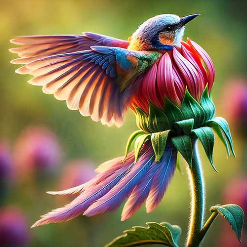 HD Digital Art, Colourful Bird in Flower - Nature, Floral, Beauty, 2048x2048