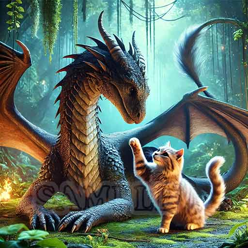 HD Digital Art, Cat and Dragon at Play - Fantasy, Mythical, 2048x2048