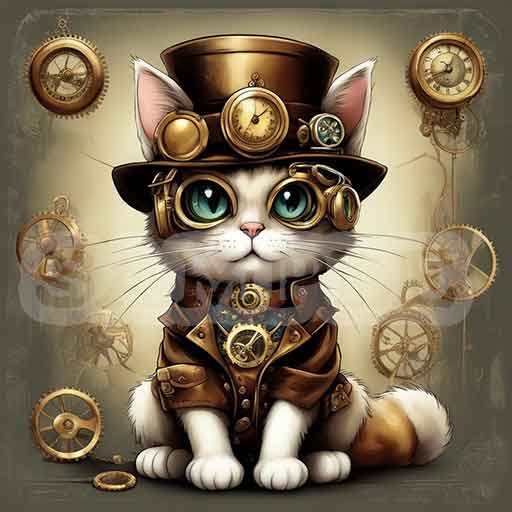 HD Digital Art, Cute Steampunk Kitten - Alternate Timeline, Steam Technology, 2048x2048