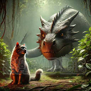 HD Digital Art, Curious Dragon Sneaking Up on A Cat - Fantasy, Mythical, 2048x2048