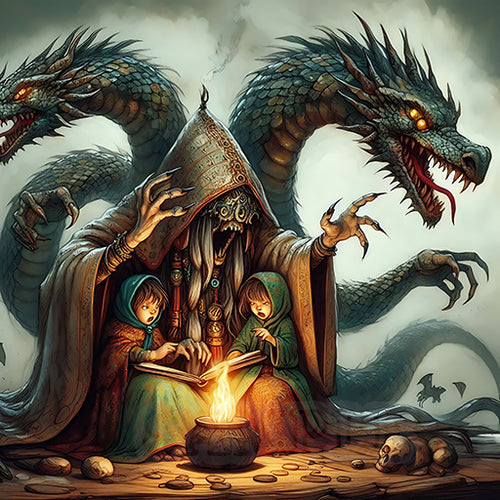 HD Digital Art, Scary Baba Yaga Reading to Children - Witch, Mythology, Russia, 2048x2048