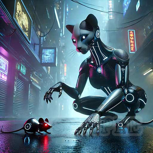 HD Digital Art, Robotic Cat Kneeling Over Metal Mouse - Cyberpunk, 2048x2048