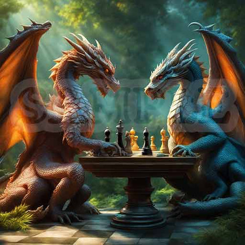 HD Digital Art, Two Dragons Playing Chess - Fantasy, Mythical, 2048x2048