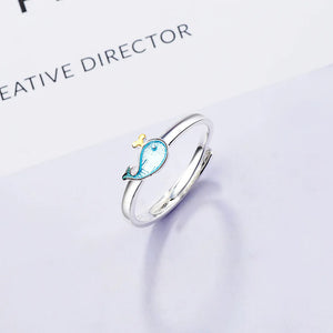Cute, 925 Sterling Silver, Whale Theme, Adjustable Ring - Ladies/Women's, White Gold Plated