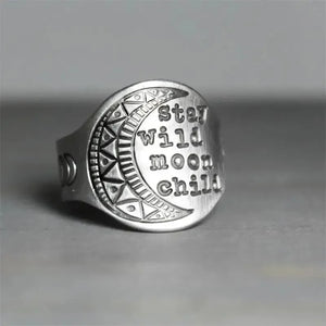 Retro/Vintage "Stay Wild Moon Child" Crescent Moon Theme Engraved Ring - Unisex