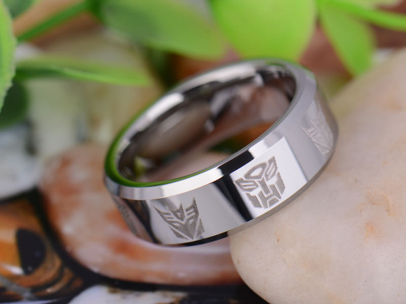 Silver, 8mm, Tungsten Carbide, Transformers Themed Ring - Unisex, Men's, Women's