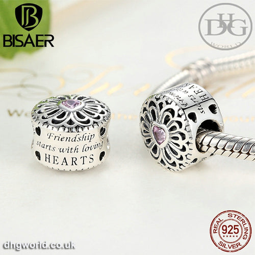 BISAER 925 Sterling Silver Love & Friendship, Pink CZ Beads Fit BISAER Charms Bracelets Original Silver 925 Fashion Jewelry