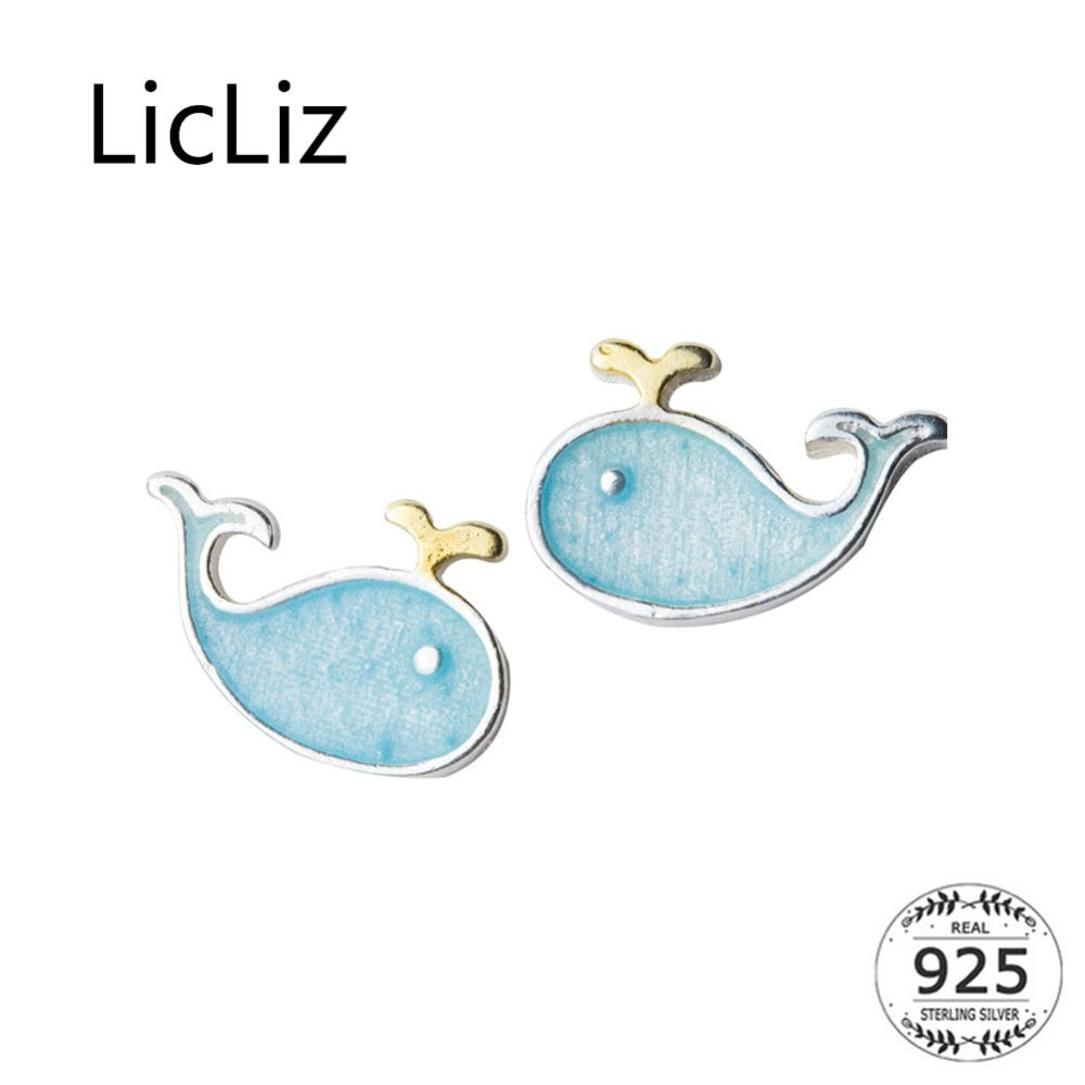 LicLiz Cute 925 Sterling Silver Whale Theme Stud Earrings - Ladies / Women's, White Gold Plated