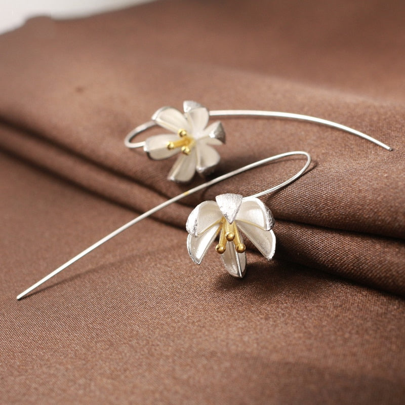 V-BEST 925 Sterling Silver Water Lily Themed Hook Earrings - Women's / Ladies, Flowers