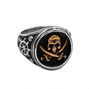 STYLE JEWELRY Trendy 316L Stainless Steel Skull & Crossed Swords / Pirate Theme Ring - Men's / Gents