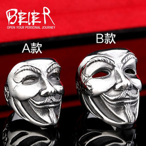 BEIER Trendy / Biker 316L Stainless Steel Guy Fawkes / V for Vendetta Theme Ring - Men's / Gents