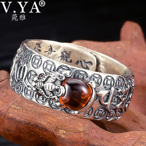 V.YA Vintage 925 Sterling Silver Adjustable Lucky Chinese Ring - Unisex, Red Garnet