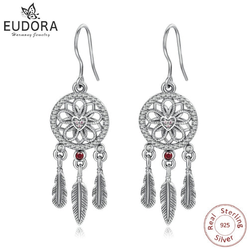 EUDORA Elegant 925 Sterling Silver & CZ Dream Catcher & Feather Themed Drop Earrings - Ladies / Women's