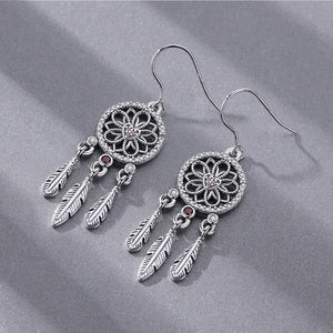 EUDORA Elegant 925 Sterling Silver & CZ Dream Catcher & Feather Themed Drop Earrings - Ladies / Women's