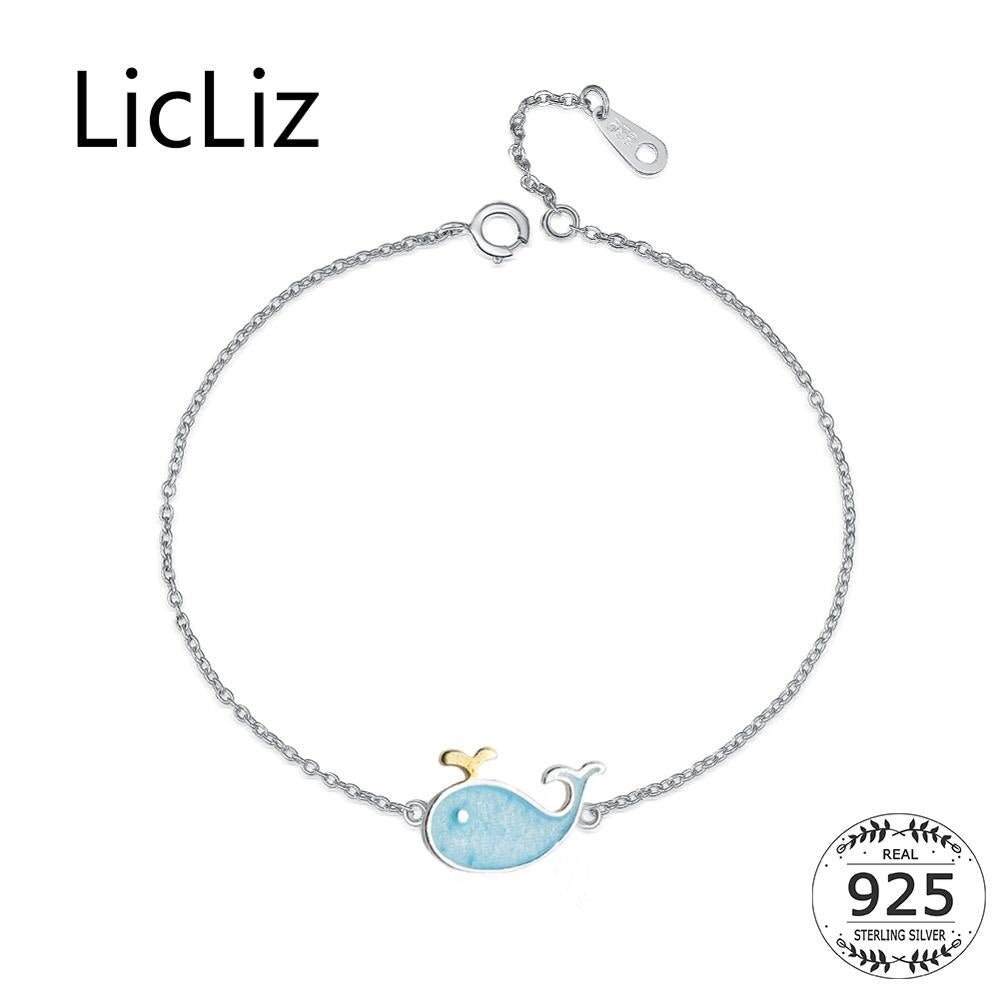 LicLiz Cute 925 Sterling Silver Whale Theme Adjustable Chain Bracelet - Ladies / Women's, White Gold Plated