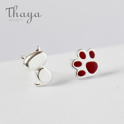 Cute/Elegant 925 Sterling Silver Handmade Cat & Paw Asymmetric Earrings - Ladies/Women's