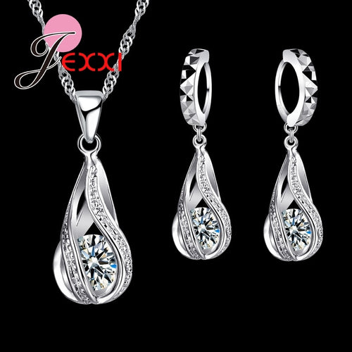 Vintage / Elegant, 925 Sterling Silver & CZ, Water Drop Theme Earrings & Pendant / Necklace Set - Ladies / Women's