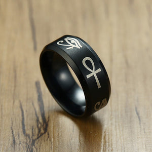 VNOX Trendy Egyptian Theme Stainless Steel Eye of Horus & Ankh Cross Ring - Men's / Gents