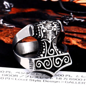 BEIER, Biker, 316L Stainless Steel, Mjolnir / Thor's Hammer & Nordic Runes Theme Ring - Unisex