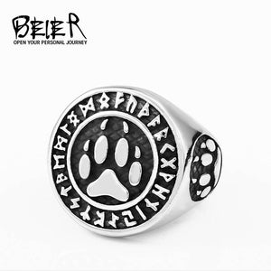 BEIER 316L Stainless Steel Viking / Norse Rune & Paw Print Ring - Men's / Gents