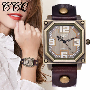 CCQ Brand Vintage Style, Square, Genuine Cow Leather Analog Quartz Watch - Ladies / Women's