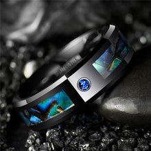 BONLAVIE Trendy Tungsten Carbide with Inlaid Abalone Shell Ring - Unisex, Blue CZ