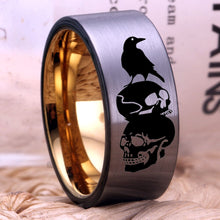 YGK Gothic / Biker 10mm Tungsten Carbide Silver Raven & Skull Themed Ring - Unisex, Men's, Women's