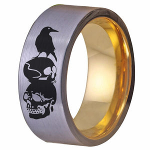 YGK Gothic / Biker 10mm Tungsten Carbide Silver Raven & Skull Themed Ring - Unisex, Men's, Women's