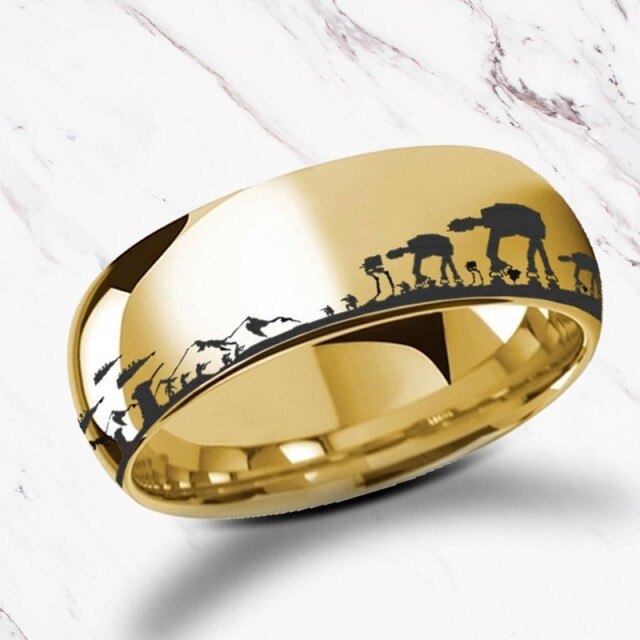 Sci-Fi, Star Wars Theme, Gold Plated, 316L Stainless Steel, Hoth Land Battle Scene Ring - AT-AT, AT-ST