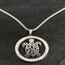 Vintage, Stainless Steel + CZ Crystals, Turtle Theme Pendant / Necklace