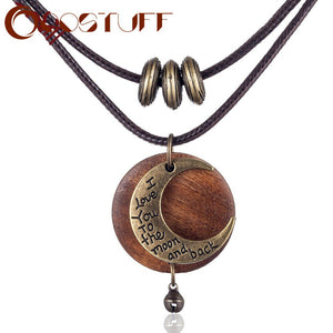 COOSTUFF Bohemian "I love you to the moon and back" Wood Necklace / Pendant - Ladies / Women