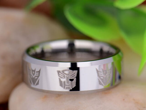 Silver, 8mm, Tungsten Carbide, Transformers Themed Ring - Unisex, Men's, Women's