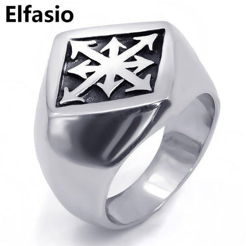 ELFASIO 316L Stainless Steel Gothic Style Eight Point Chaos Star Theme Ring - Unisex