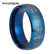 KNIGHTODE, Stylish 8mm Blue Tungsten Carbide, Five-Line Musical Note Theme Ring - Unisex