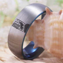 Silver/Blue, Tungsten Carbide, Howling Wolf / American Flag Theme Ring - Unisex, Men's, Women's