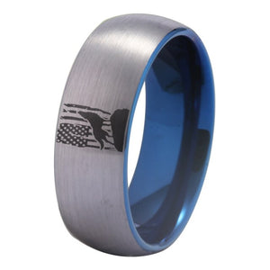 Silver/Blue, Tungsten Carbide, Howling Wolf / American Flag Theme Ring - Unisex, Men's, Women's