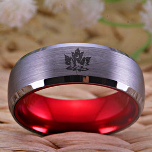 Silver/Red, Tungsten Carbide, Howling Wolf / Canadian Maple Leaf Theme - Unisex, Men's, Women's
