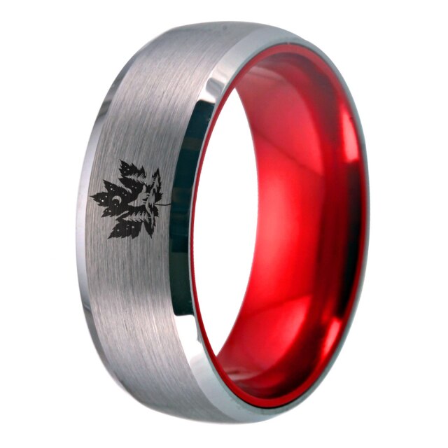 Silver/Red, Tungsten Carbide, Howling Wolf / Canadian Maple Leaf Theme - Unisex, Men's, Women's