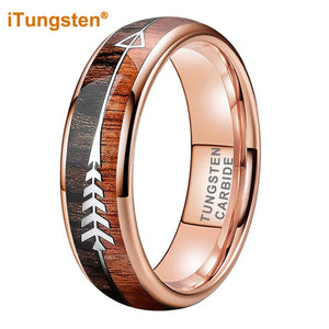 Classic, 6mm, Rose Gold Plated Tungsten with Double Wood Inlay Arrow Theme Ring - Unisex, Men's, Women's