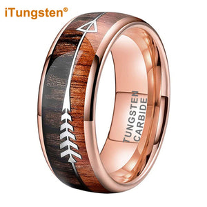 Classic, 8mm, Rose Gold Plated Tungsten with Double Wood Inlay Arrow Theme Ring - Unisex, Men's, Women's