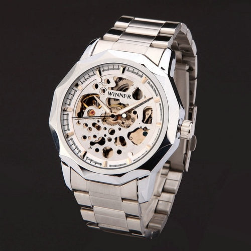 WINNER Fashion Brand Automatic Mechanical Skeleton Stainless Steel Watch - Men's / Gents, Hardlex