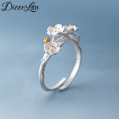 DIEERLAN 925 Sterling Silver Cherry Flower Adjustable Ladies / Women's Ring - Jewellery