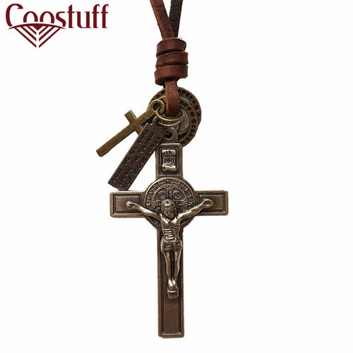 COOSTUFF Punk Religious Jesus Cross Necklace / Pendant - Ladies / Women's, Leather Cord