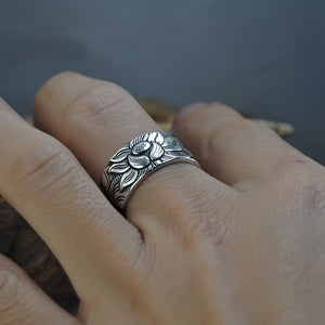 V.YA Vintage 999 Pure Sterling Silver Buddhism Themed Ring - Men's / Gents, Lotus Flower, Sutra, Re-sizable